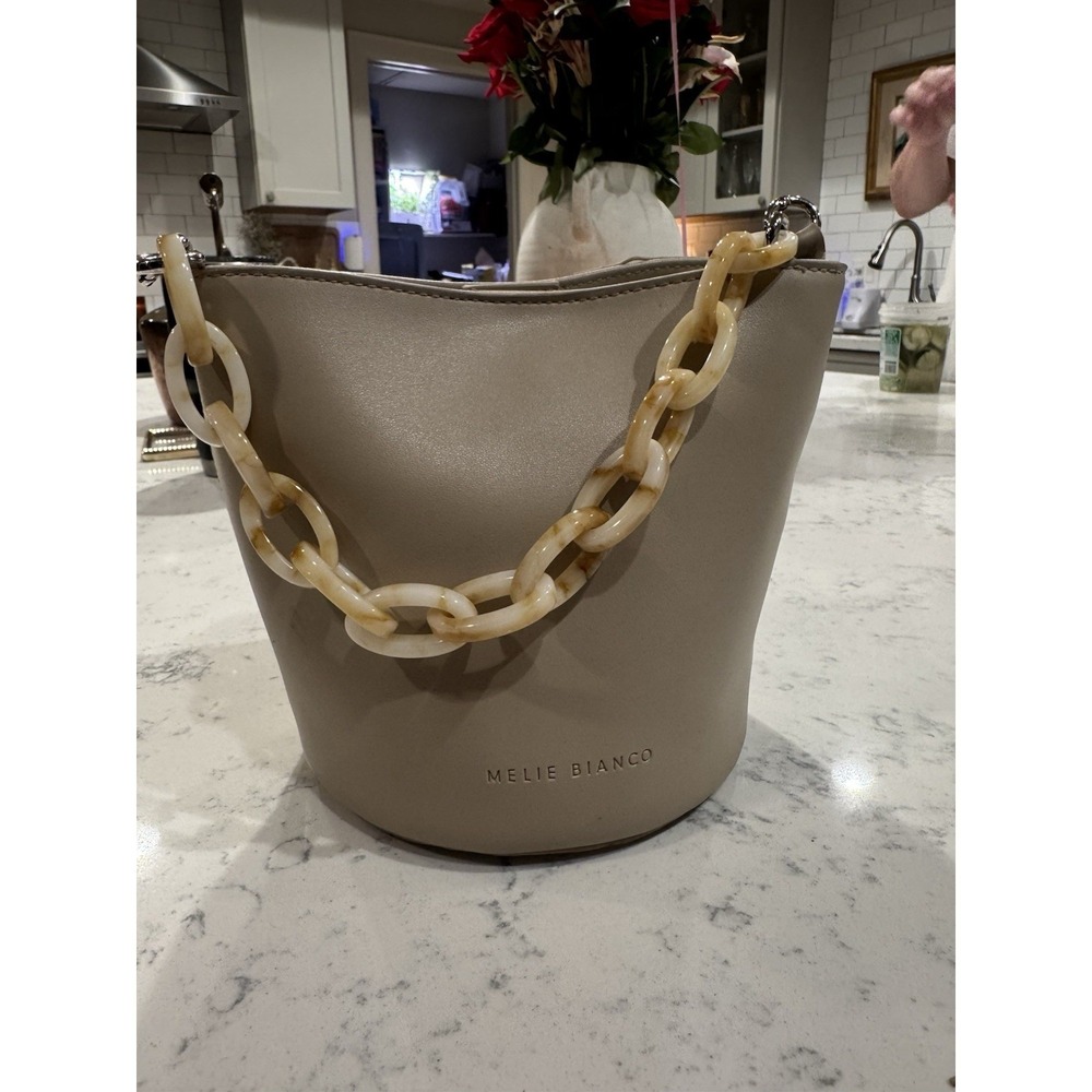 Melie Bianco Beige Vegan Leather Bucket Bag Chunky Resin Chain Handle Taupe